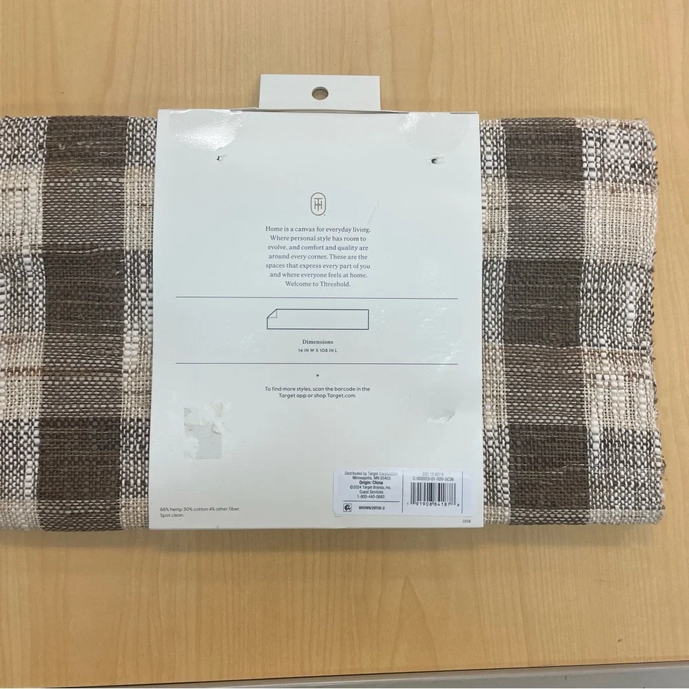 Threshold Plaid Brown & Tan Table Runner - Hemp - Rayon Cotton- Linen Blend